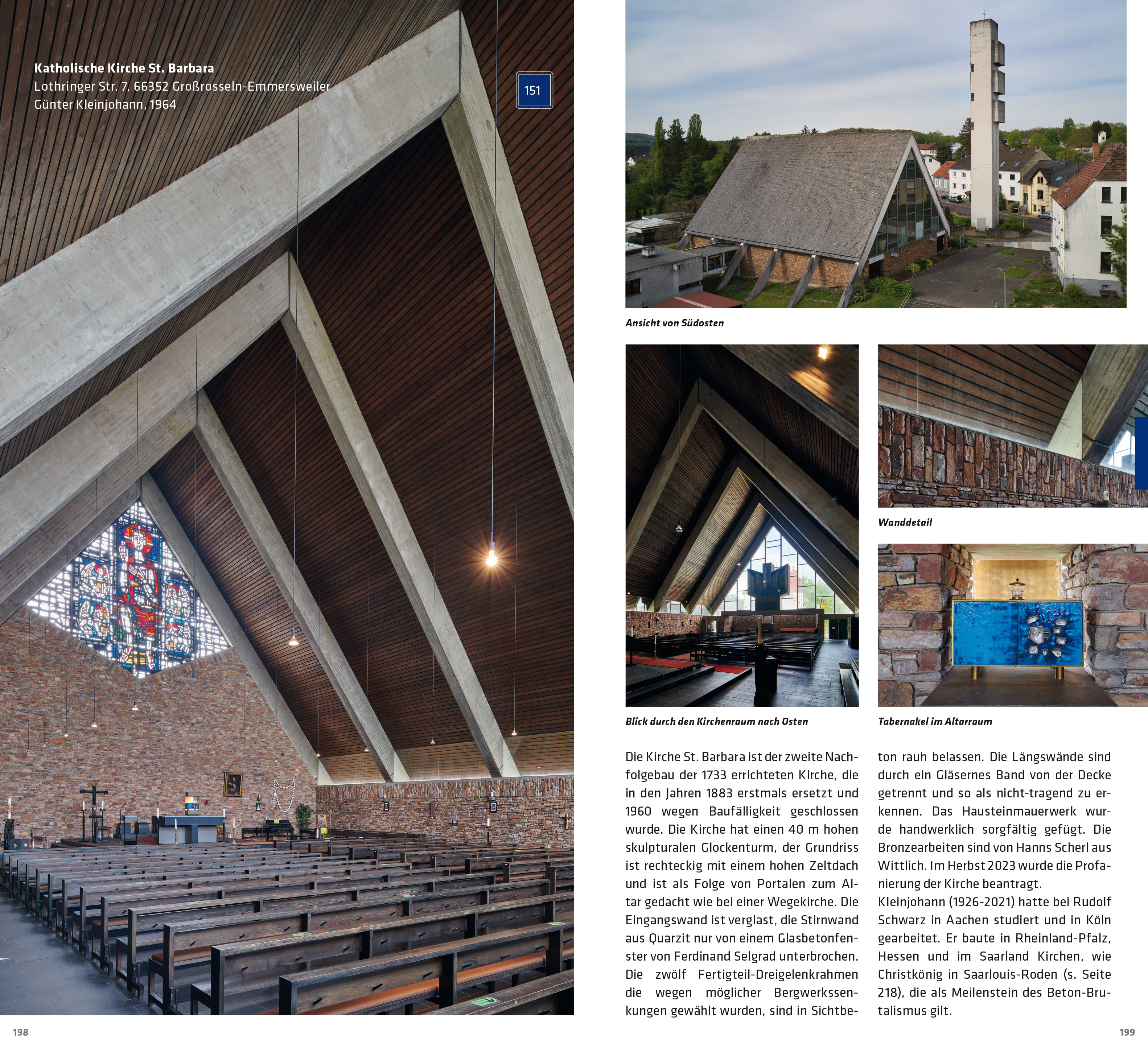 Architekturführer Saarland: aktualisierte und erweiterte Neuausgabe, 2024 — Doppelseite aus dem Architekturführer: Katholische Kirche St. Barbara in Großrosseln-Emmersweiler von Günter Kleinjohann